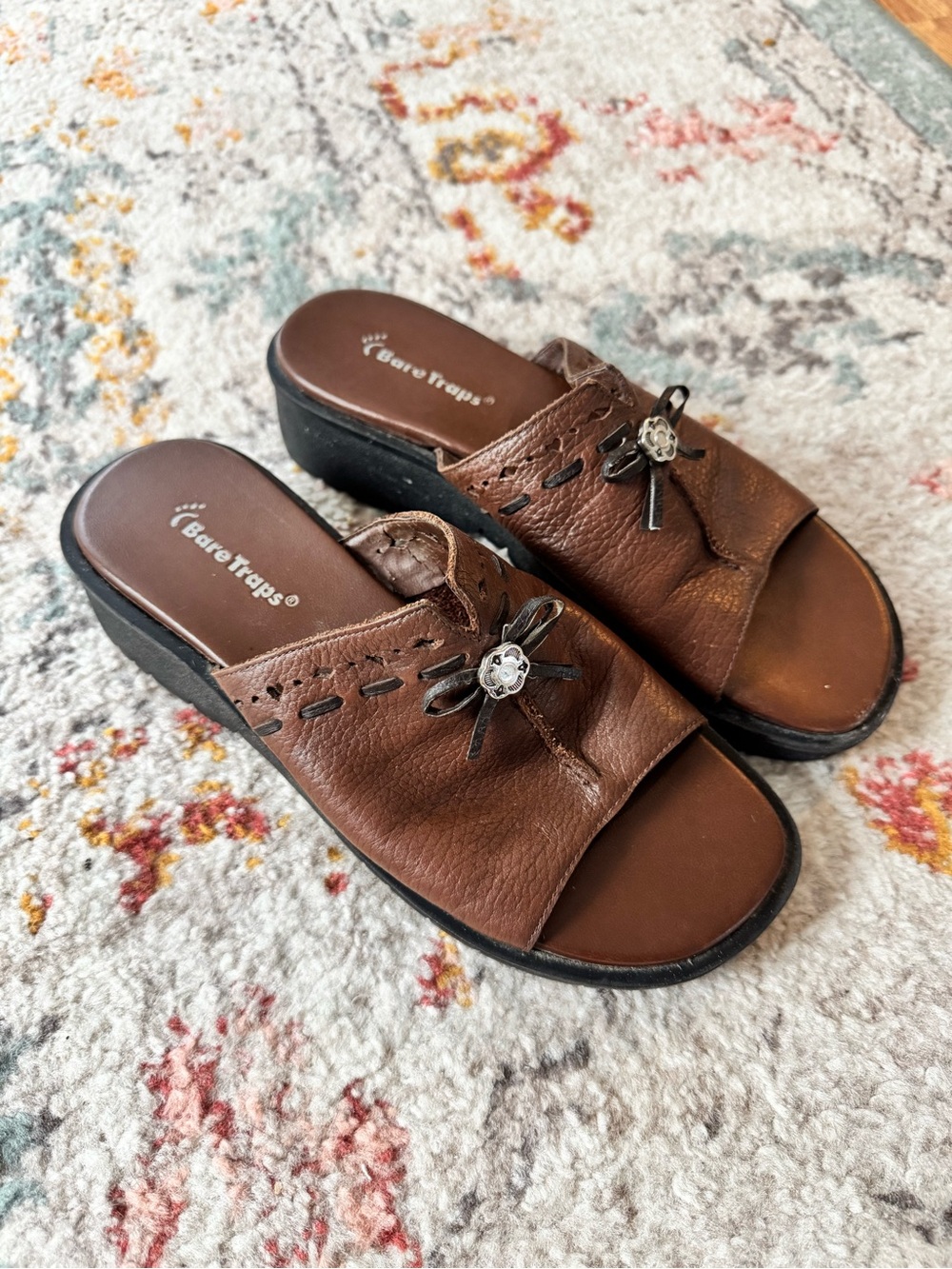 BareTraps Brown Leather Slide Mules with Flower Charm